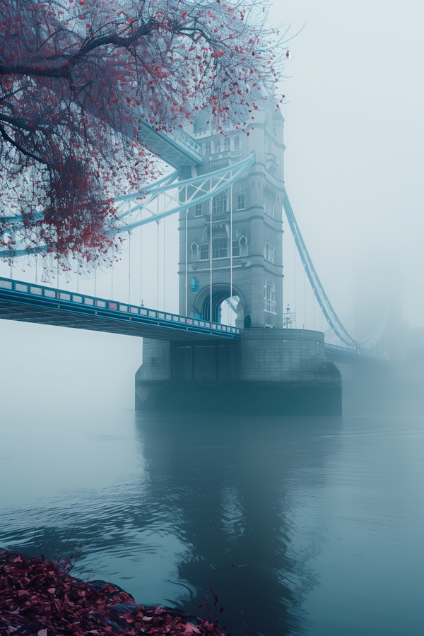 Fog-Enshrouded Tower Bridge with Red Leaves