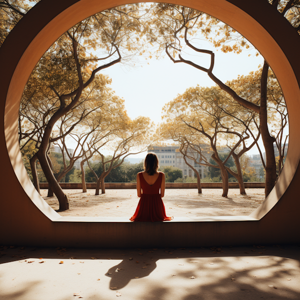 Contemplation in Red amidst Circular Frame