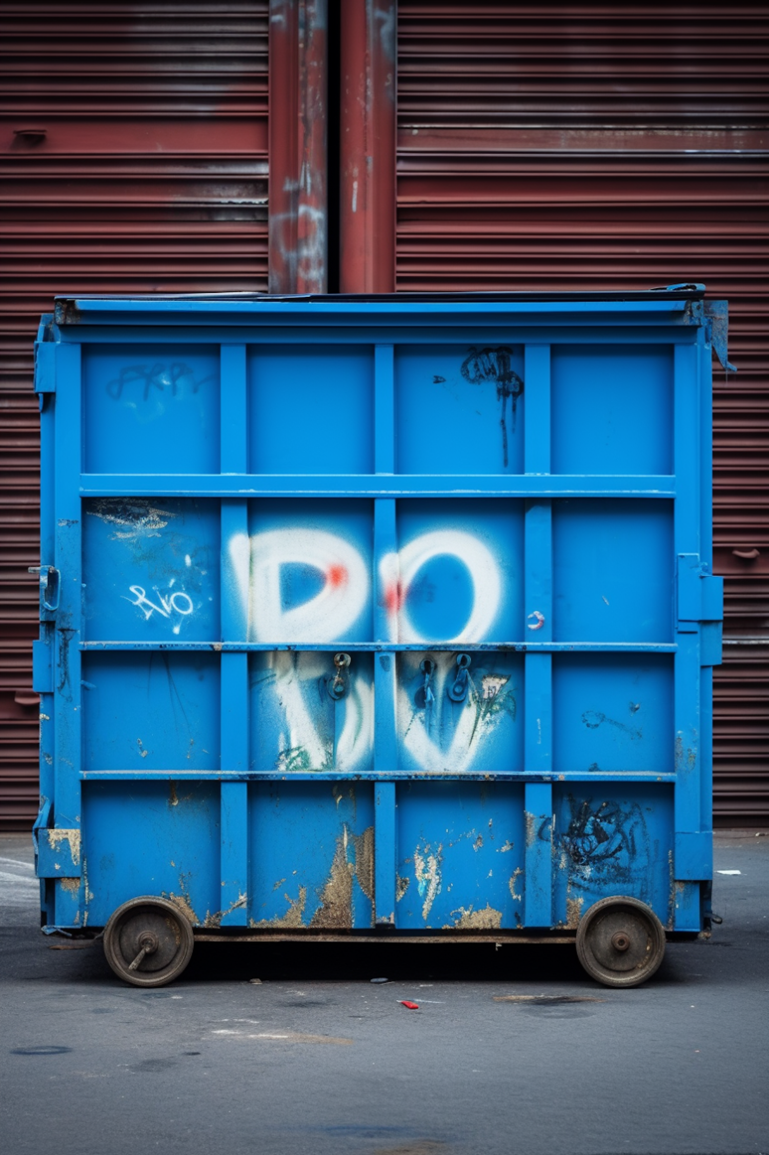 Urban Decay and Graffiti - Blue Dumpster Against Red Shutter