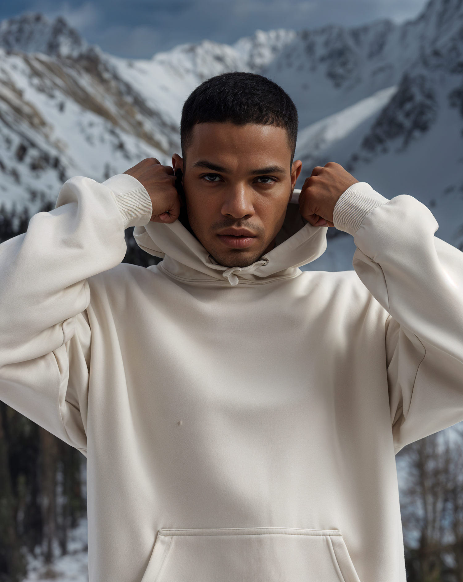 Person in Hoodie with Snowy Mountain Backdrop