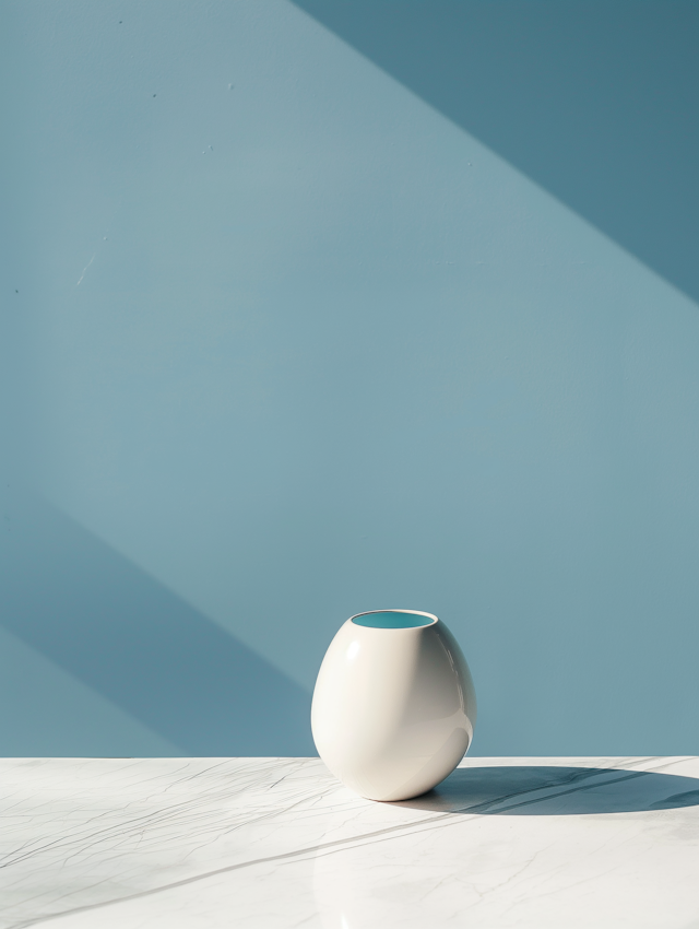 Modernist White Vase with Marble and Blue Backdrop