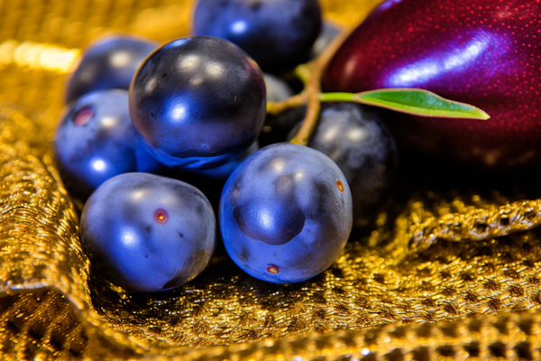 Ripe Blue Plums on Golden Textile