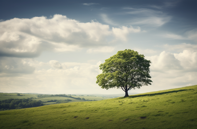 Solitary Tree in Verdant Pastoral Landscape