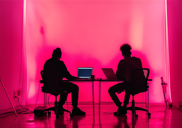 Silhouetted Professionals Working in Pink Light