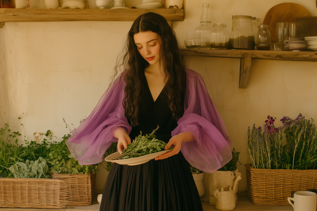 Woman with Herbs in Rustic Setting