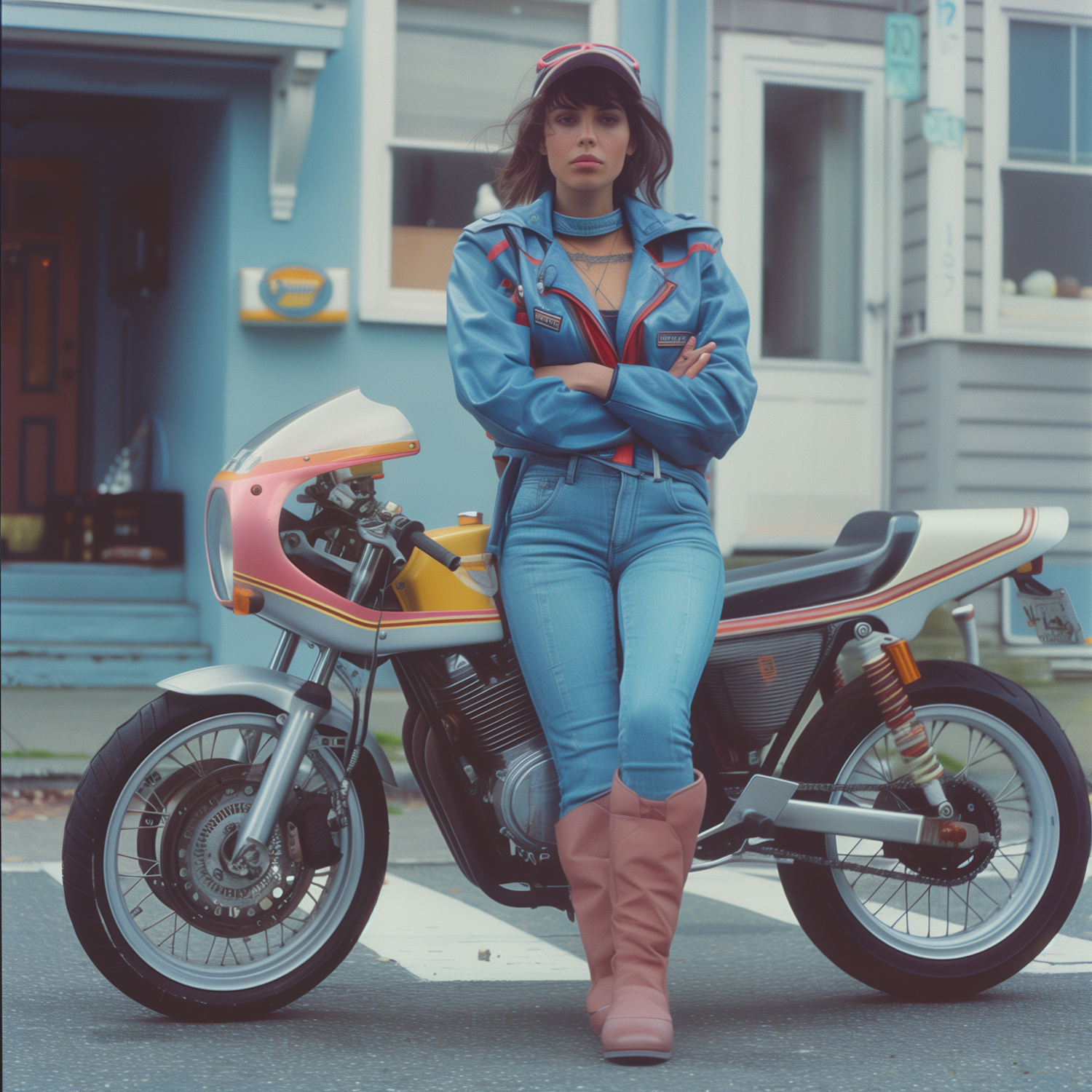 Confident Woman with Colorful Motorcycle on City Street