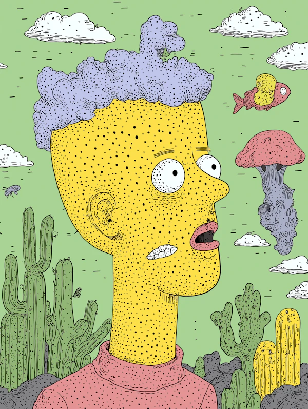 Surreal Cartoon Character in Desert