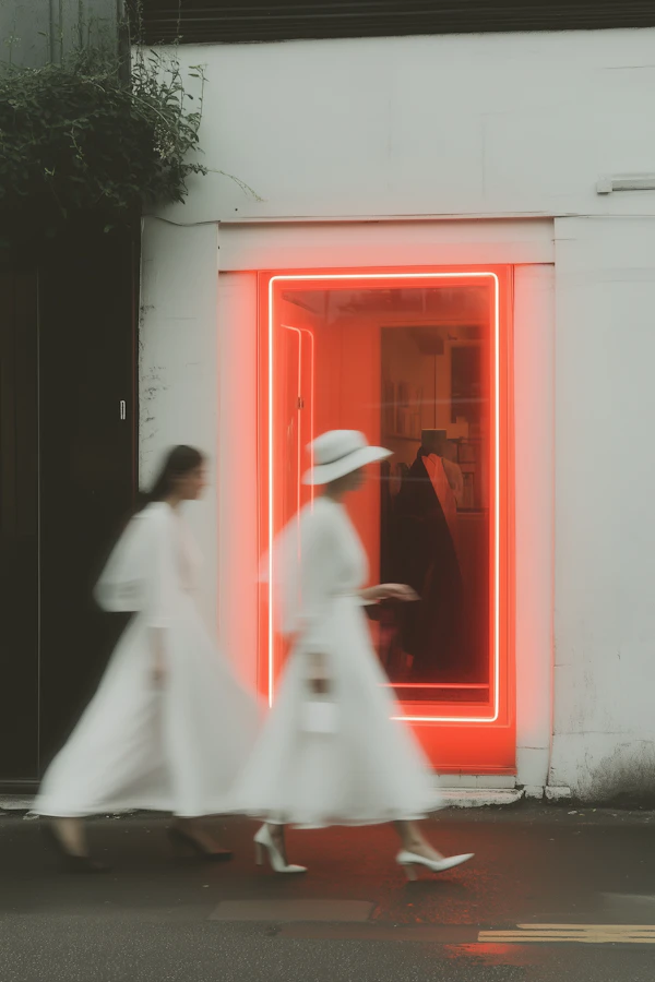 Women by Neon Storefront