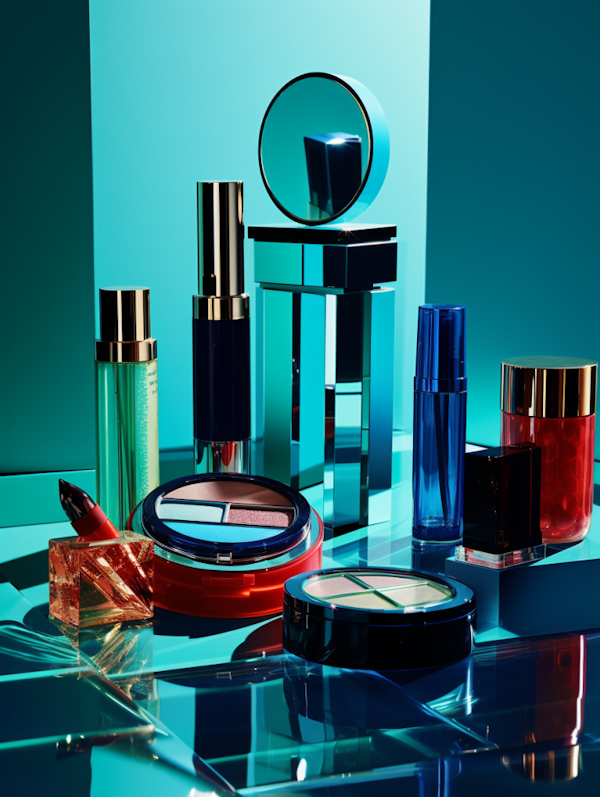 Luxurious Beauty Essentials Array with Blue and Red Theme