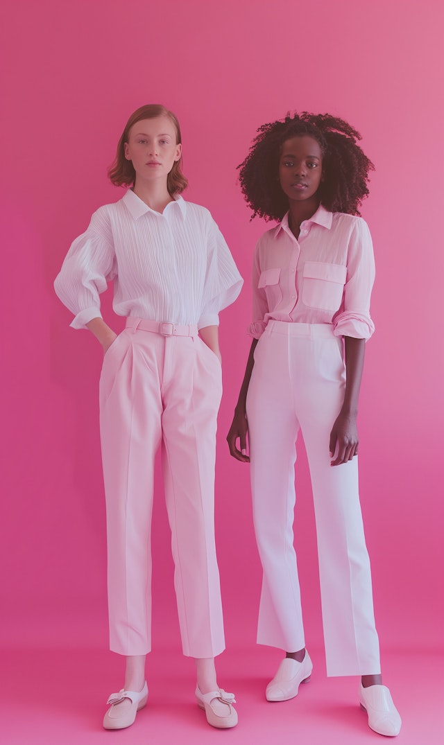 Contemporary Fashion Poses on Pink Backdrop