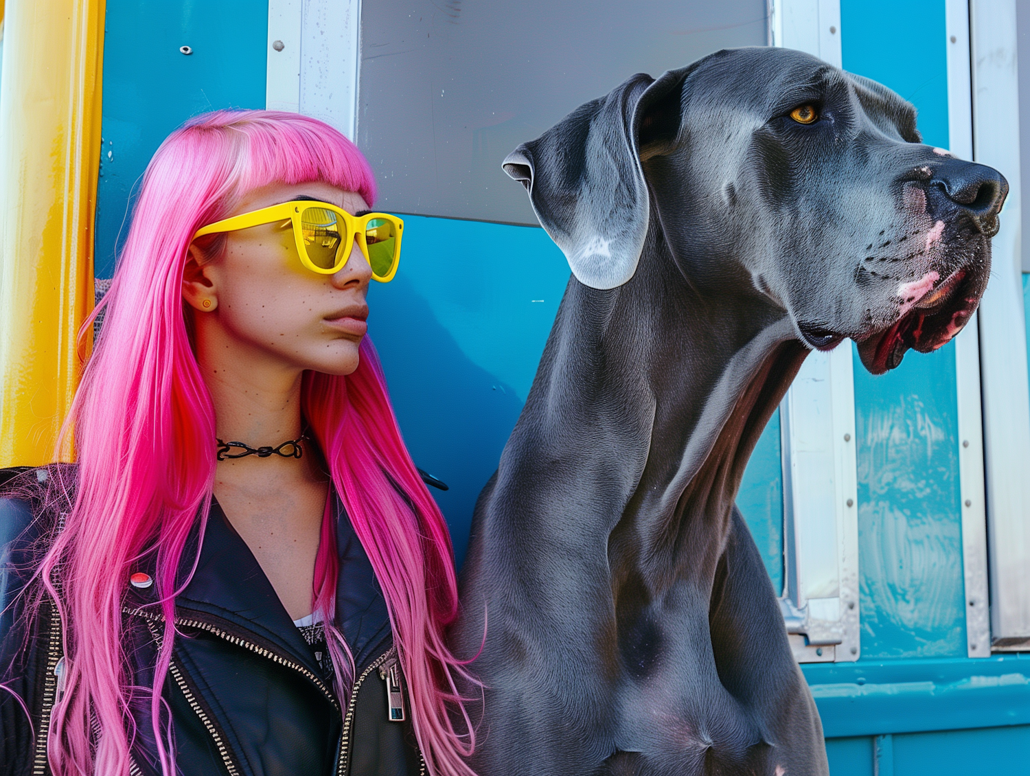 Pink-haired Woman with Great Dane