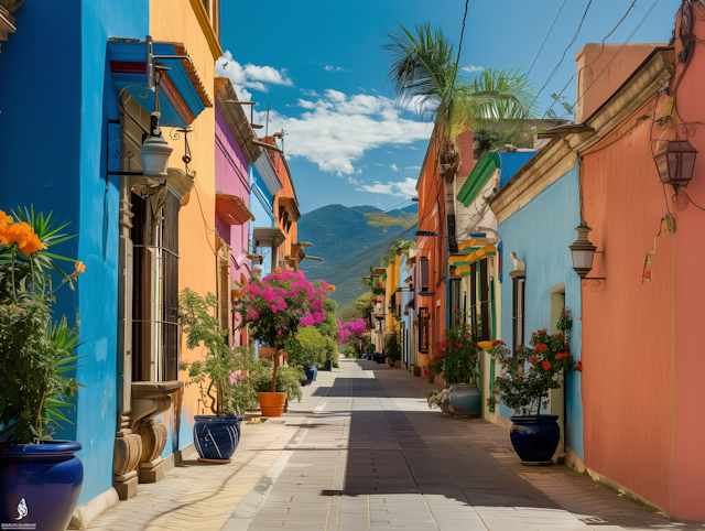 Colorful Historic Street with Mountains in the Background