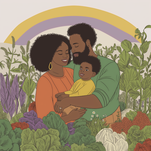 Family in Garden with Rainbow