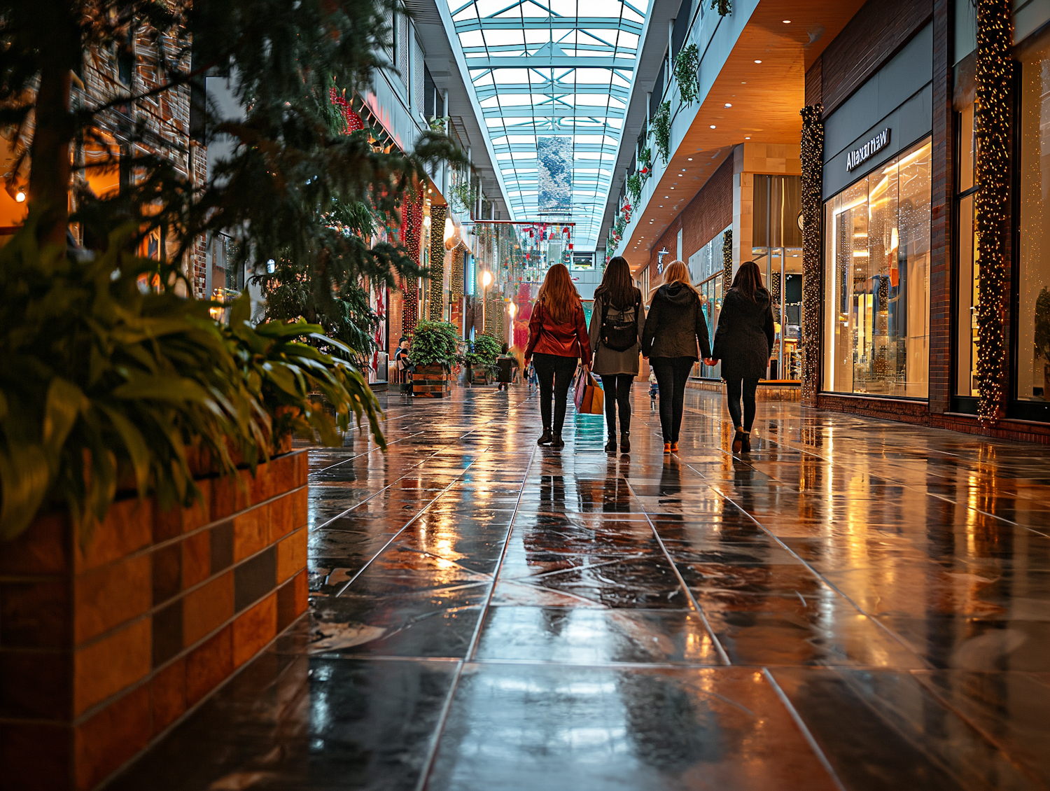 Holiday Shopping Quartet in Festive Mall Corridor