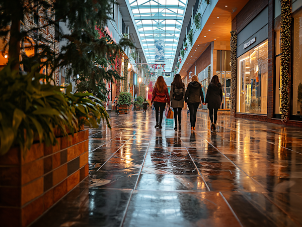 Holiday Shopping Quartet in Festive Mall Corridor