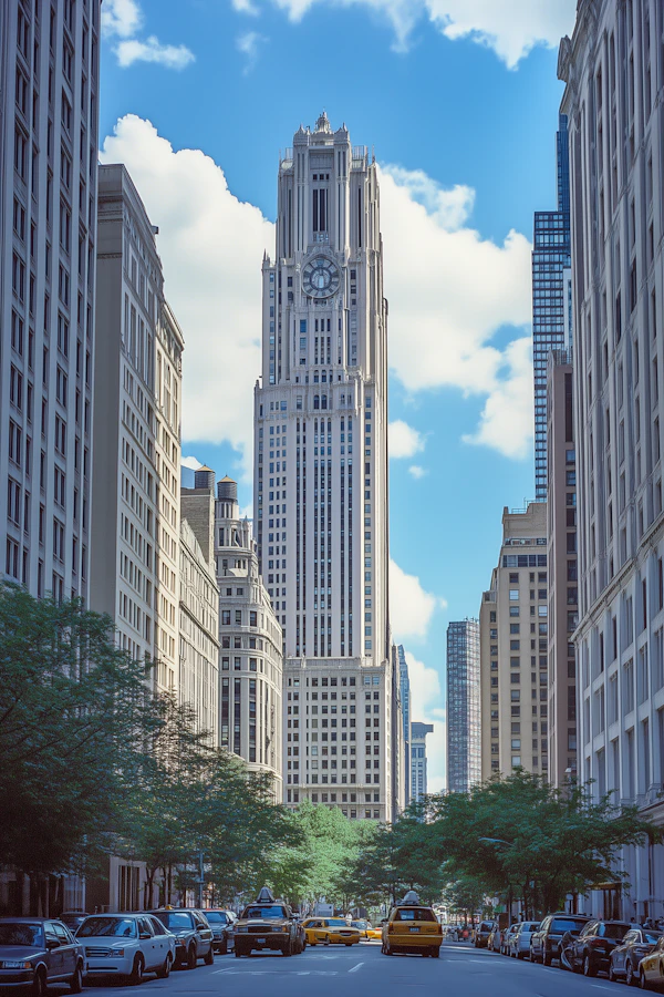 Bustling Urban Street with Clock Tower
