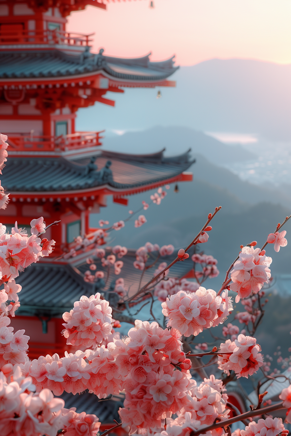 Red Pagoda and Cherry Blossoms