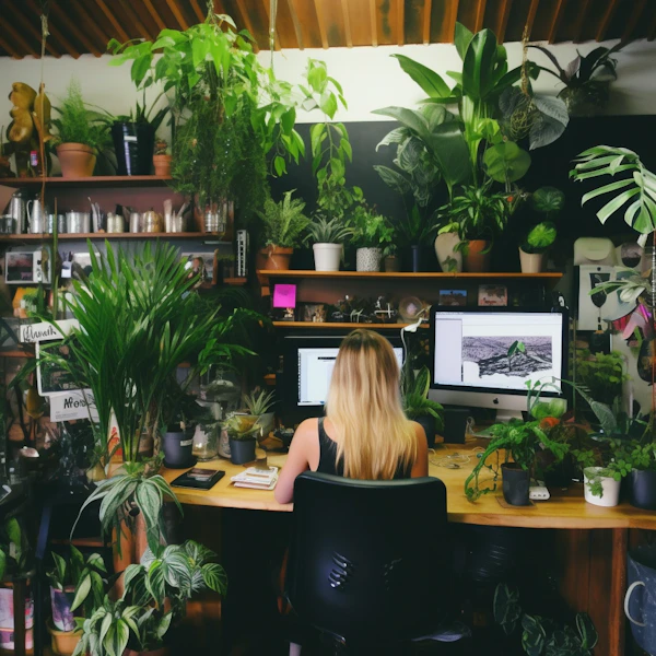 Focused Botanist at Biophilic Workstation
