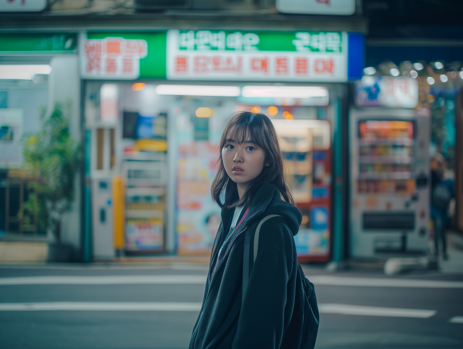 Contemplative Woman on City Street at Night