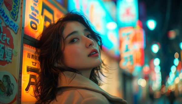 Contemplative Woman amidst Neon Lights