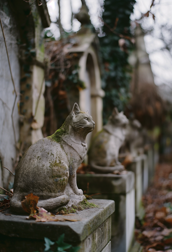 Line of Ancient Cat Statues