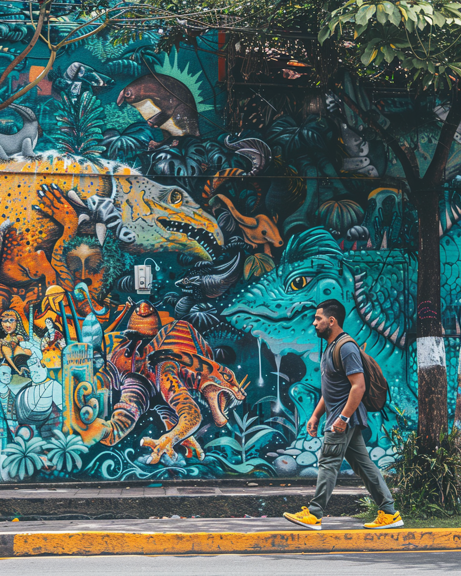 Man Walking by Colorful Mural