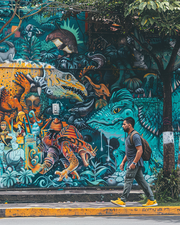 Man Walking by Colorful Mural