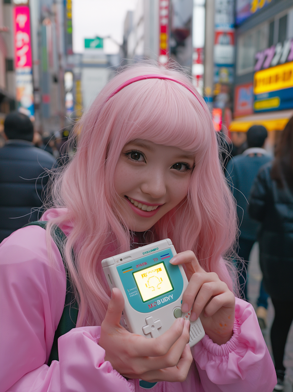 Woman with Pink Hair Playing Handheld Game on Urban Street