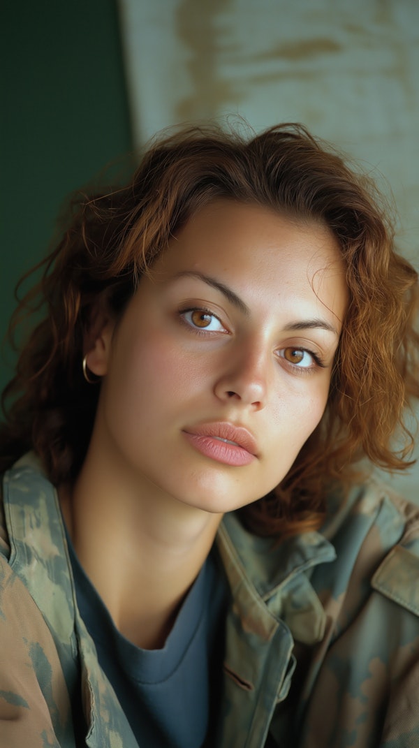 Young Woman in Camouflage Jacket