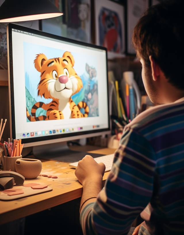 Graphic Designer Creating Cartoon Tiger Illustration