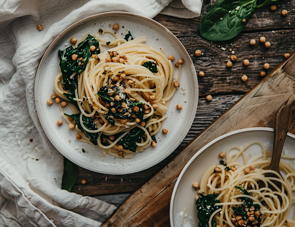 Rustic Spaghetti with Greens and Chickpeas