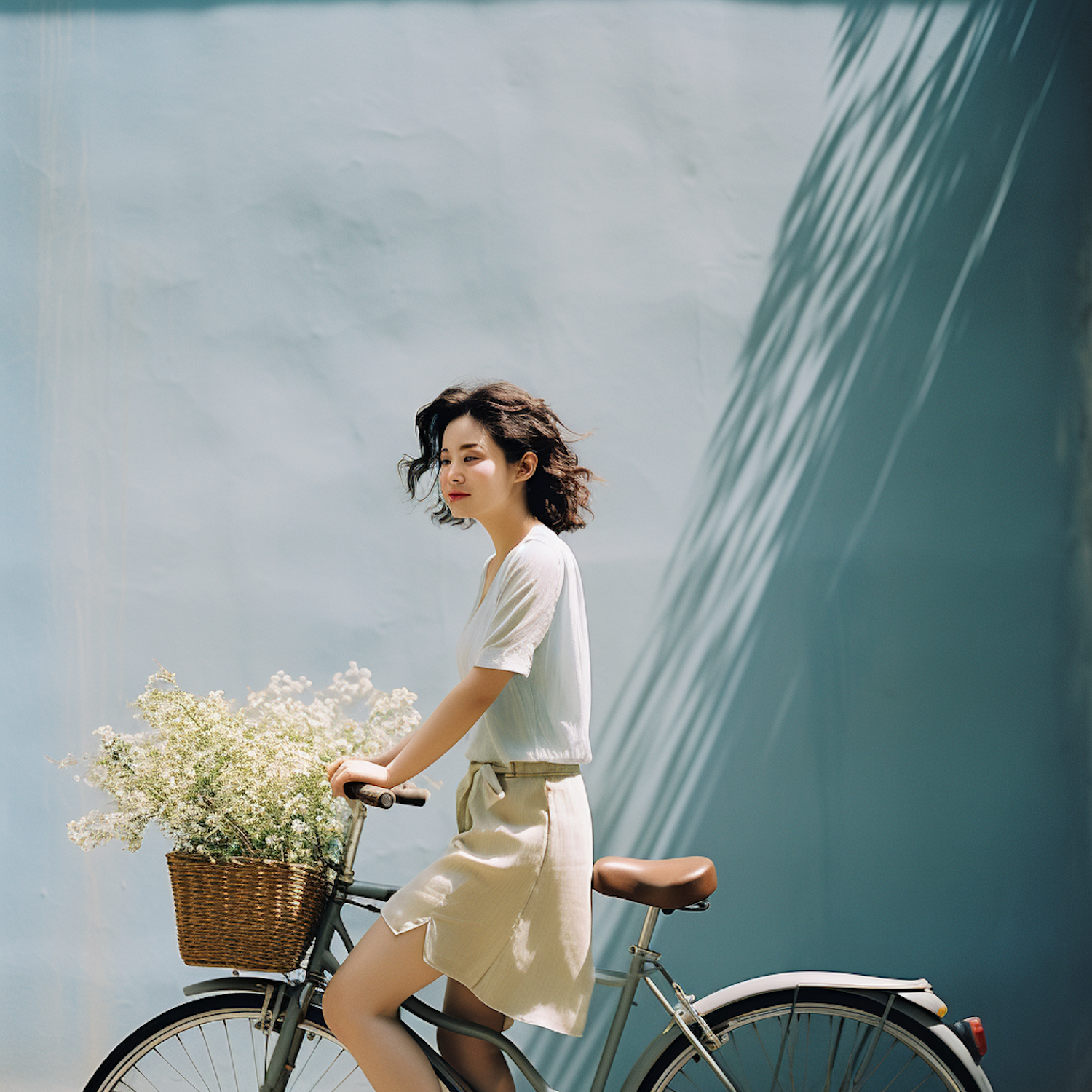 Serene Ride - East Asian Woman on Bicycle