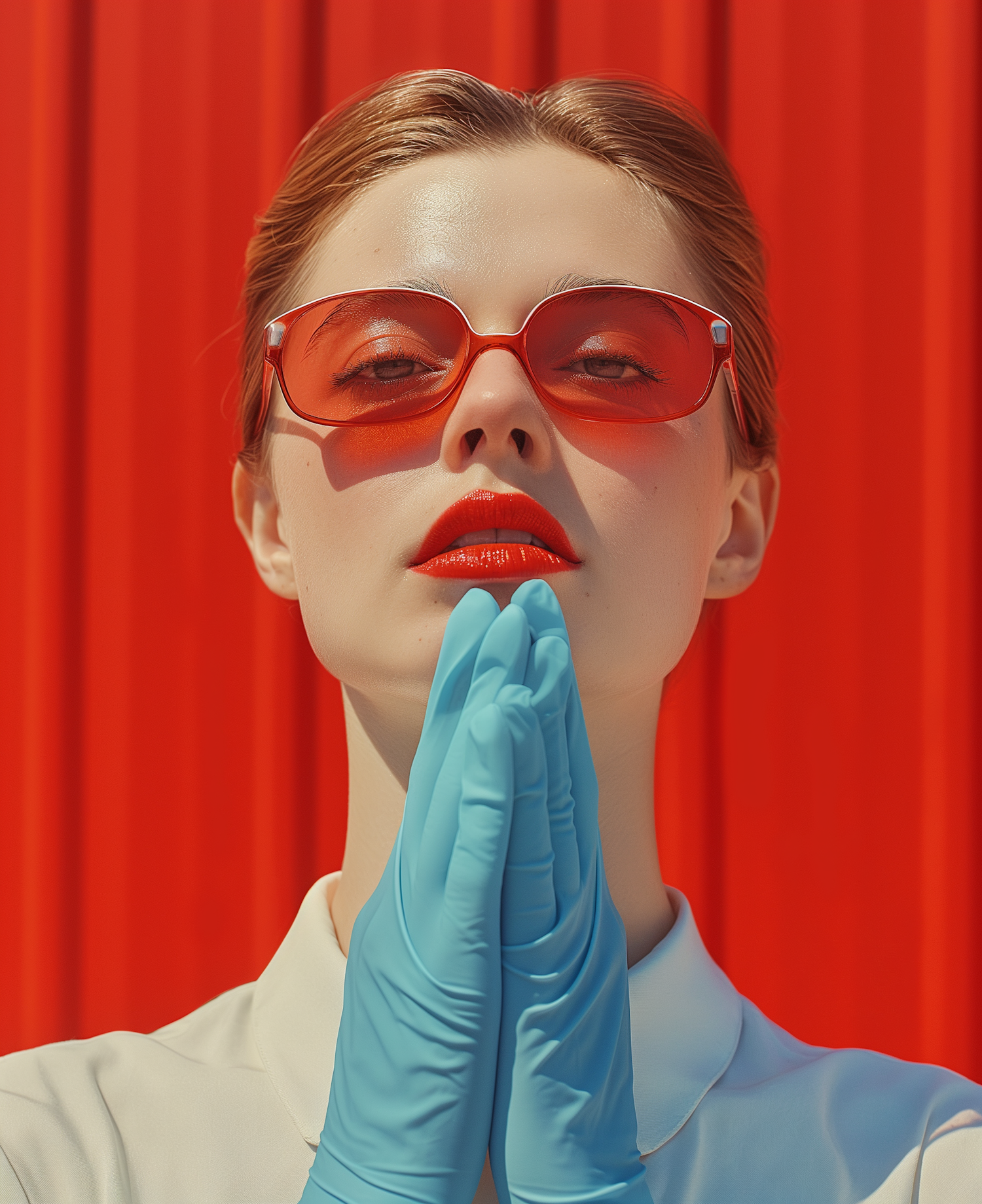 Woman with Red Cat-Eye Sunglasses and Surgical Gloves