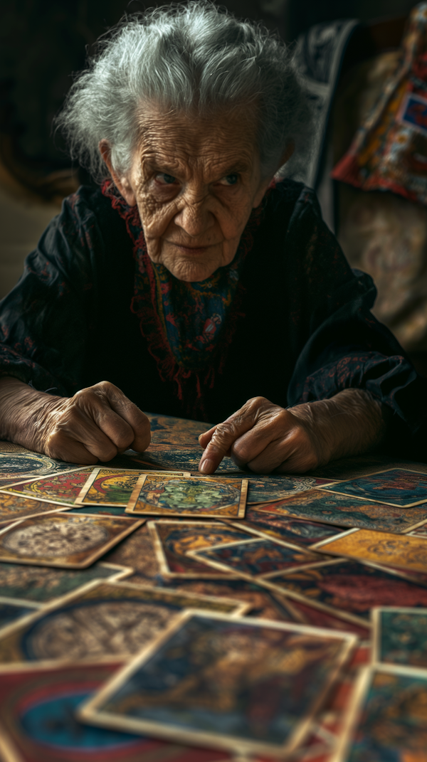 Elderly Woman Arranging Tarot Cards