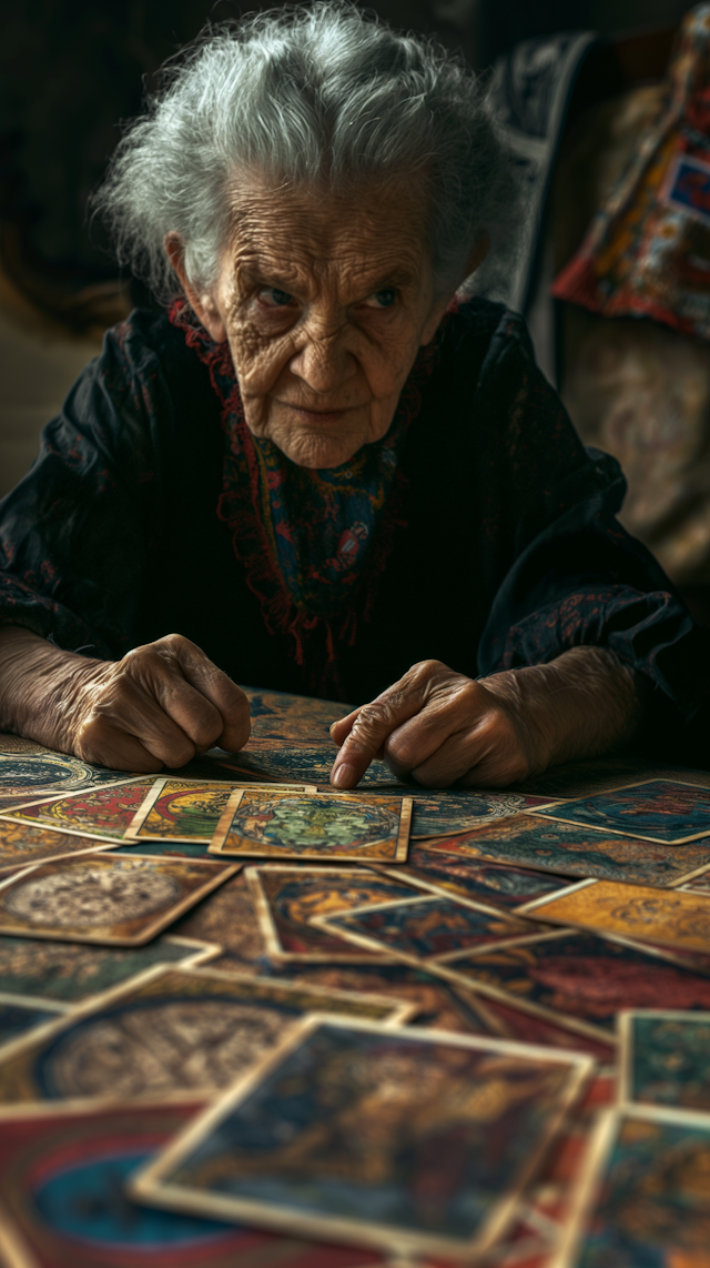 Elderly Woman Arranging Tarot Cards