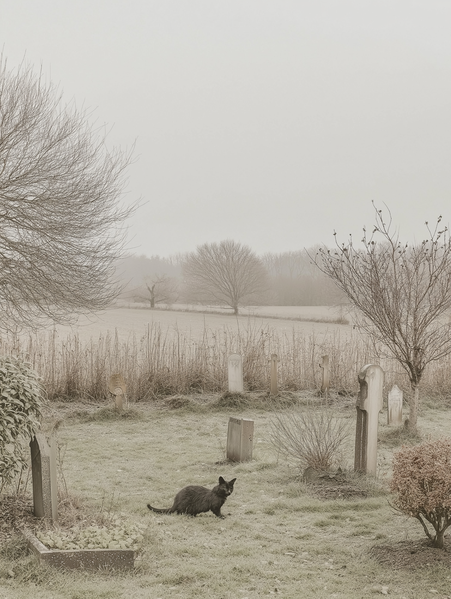 Misty Graveyard with Black Cat