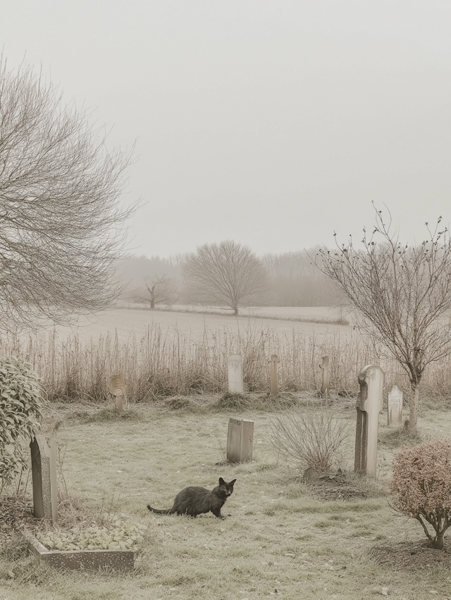 Misty Graveyard with Black Cat