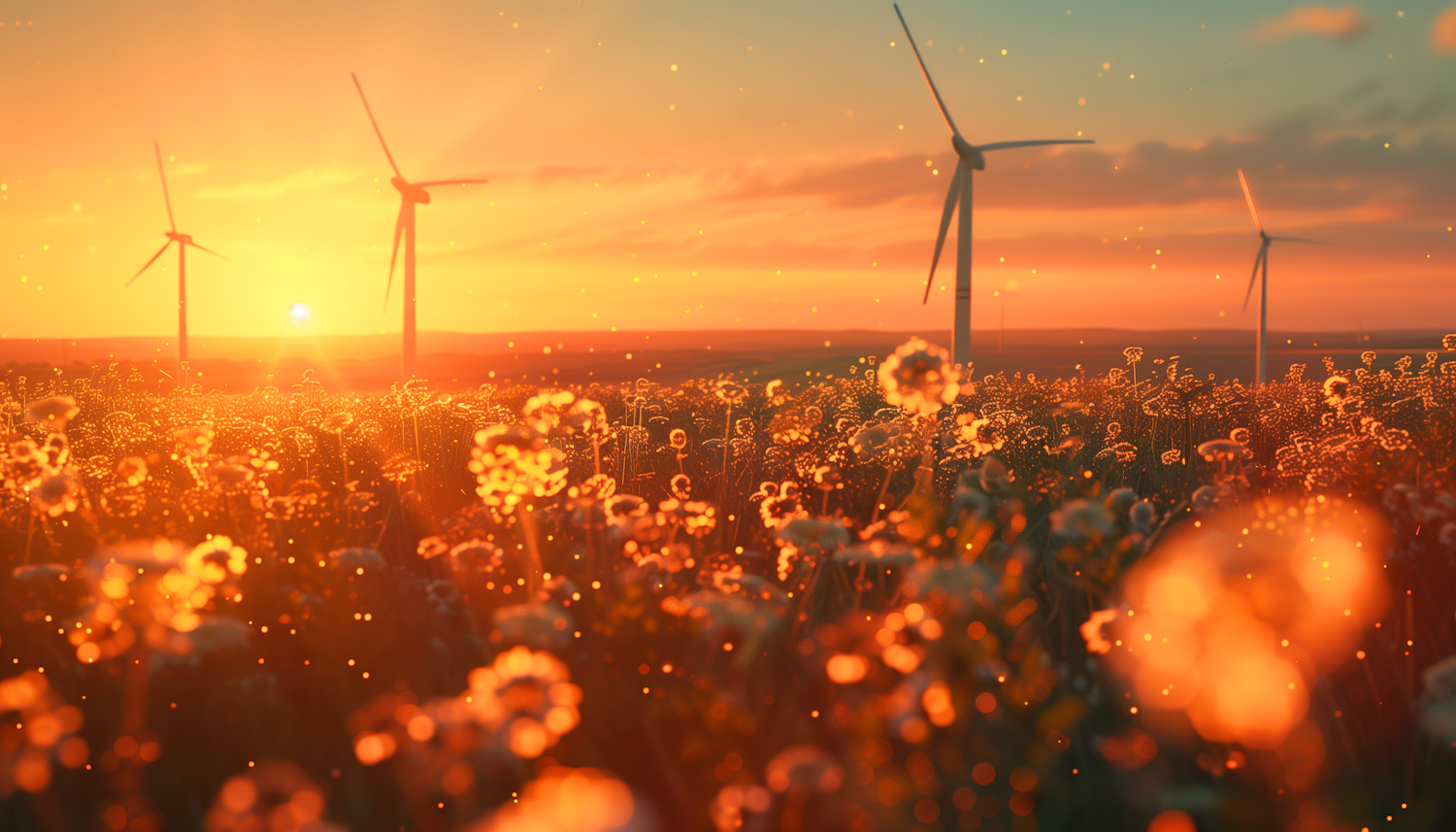 Sunset Flowers and Wind Turbines