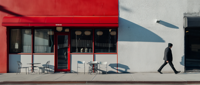 Red Storefront and Passing Individual in Urban Setting