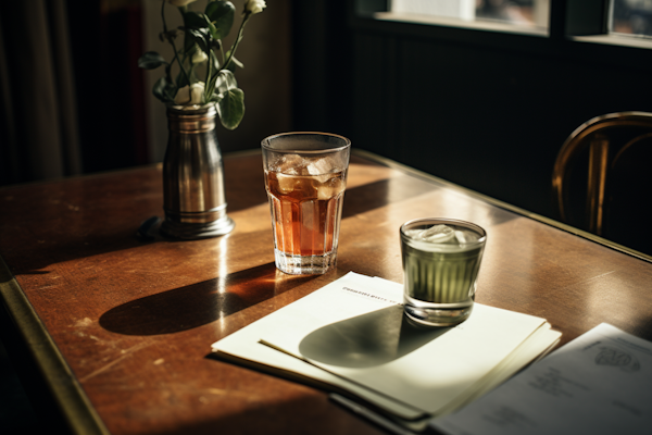 Vintage Tranquility: A Still Life with Beverage and Blooms