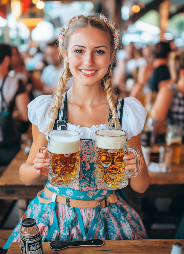 Young Woman in Bavarian Attire at Beer Festival