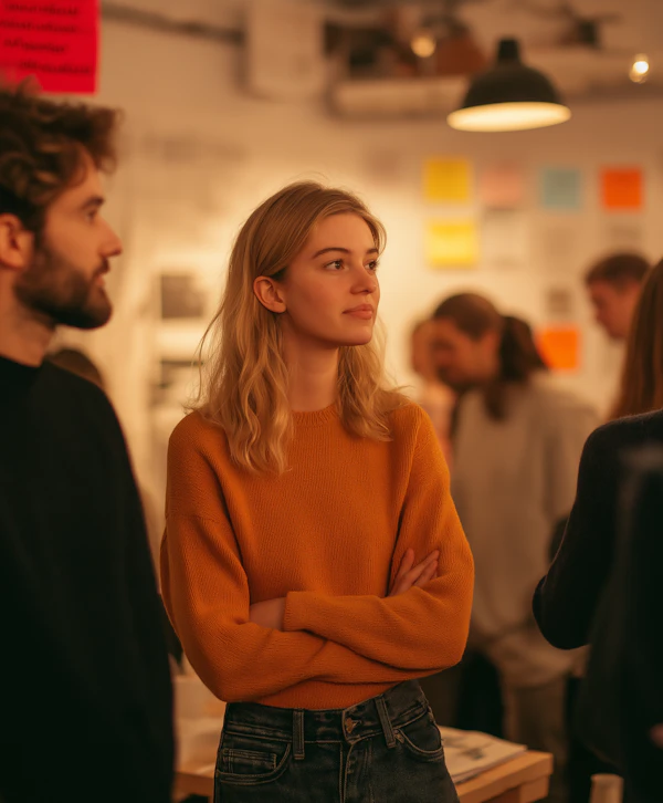 Contemplative Woman in Orange Sweater