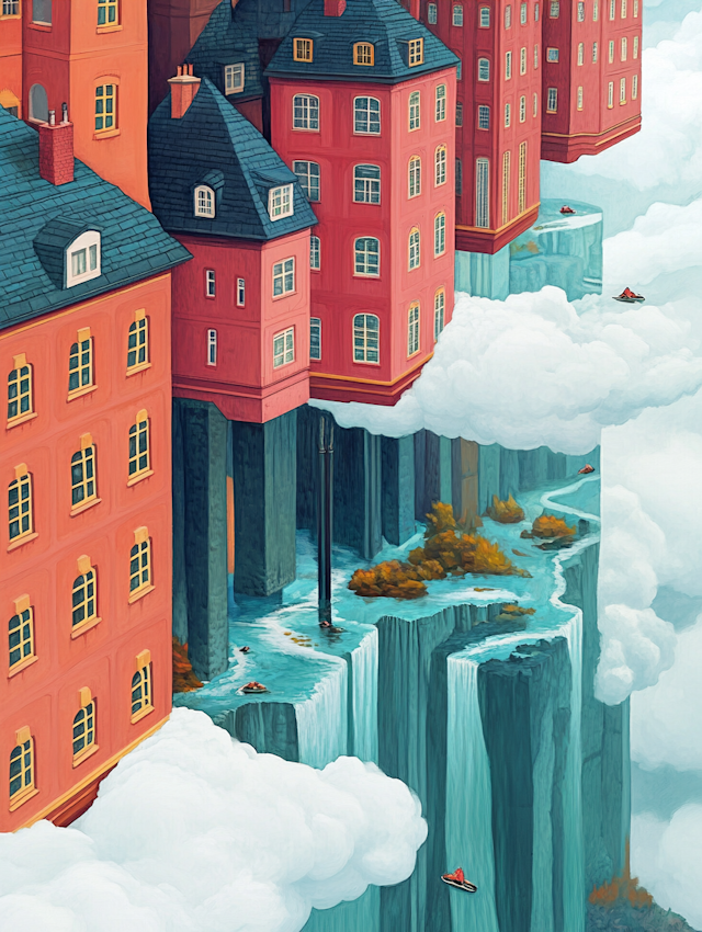 Surreal Floating Buildings and Waterfalls