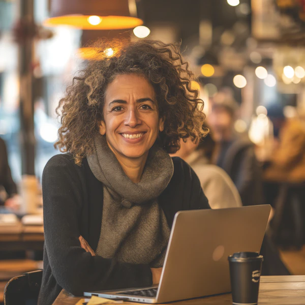 Cheerful Middle-Aged Woman in Café