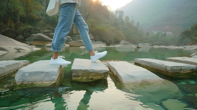 Person Walking on Stone Path Over Water