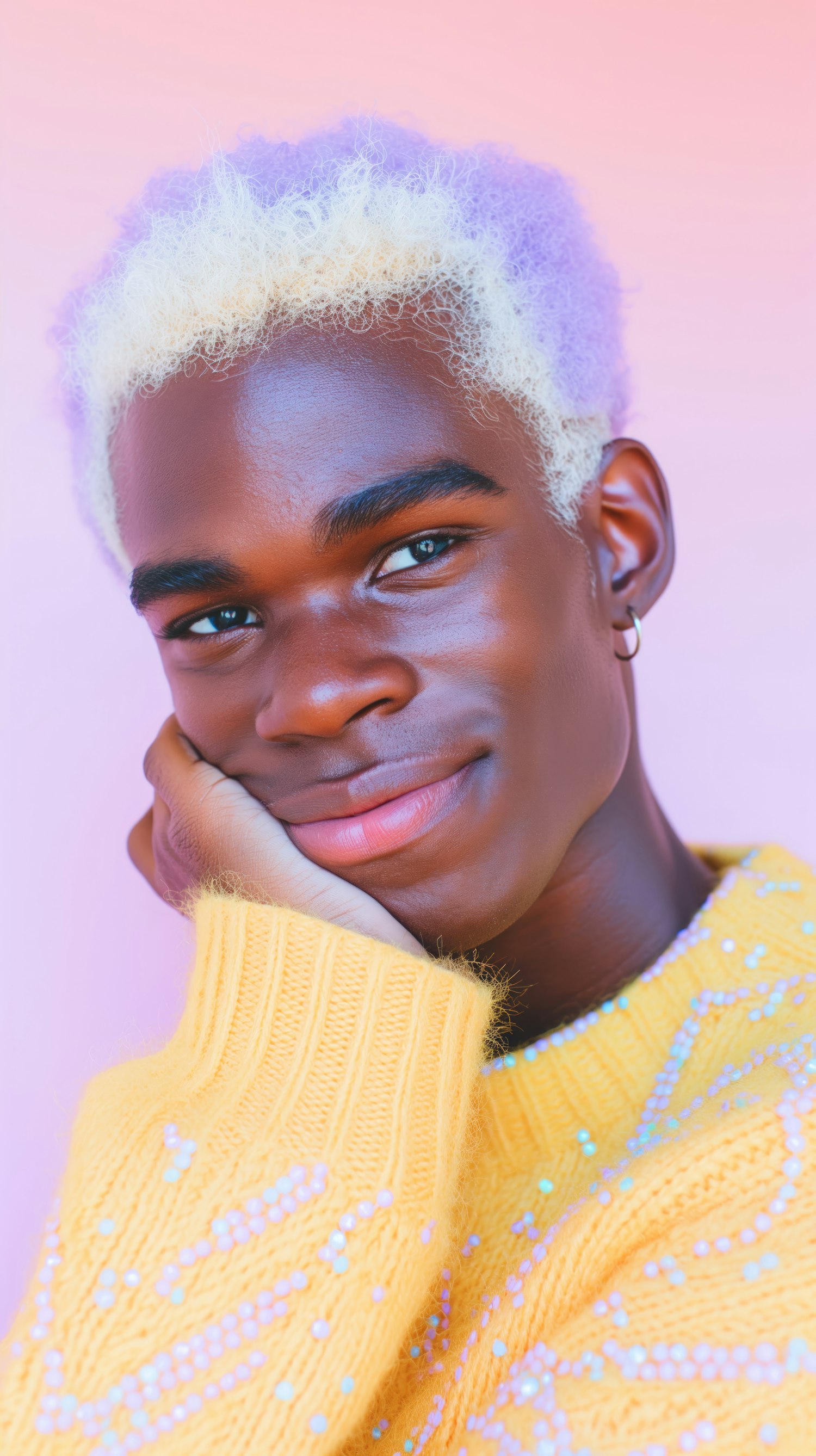 Joyful Individual with Styled Hair and Cheerful Sweater