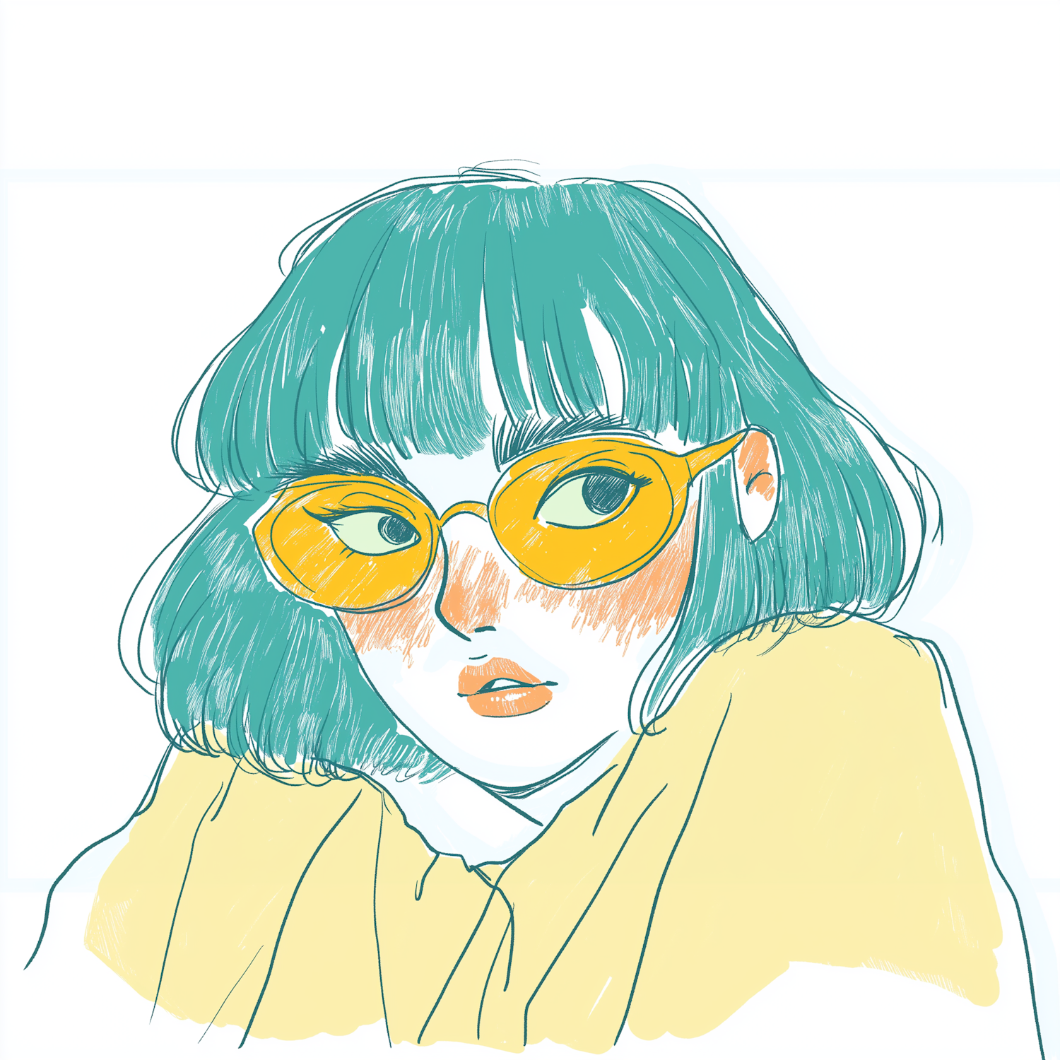 Stylized Portrait with Teal Hair and Yellow Glasses