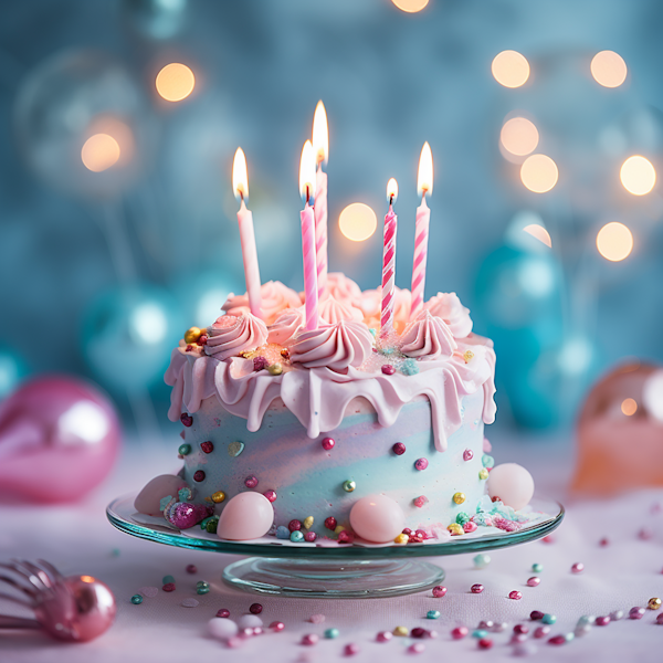 Whimsical Birthday Celebration Cake with Pastel Frosting and Lit Candles