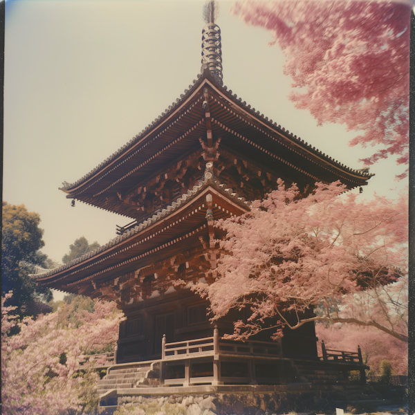 Serene Japanese Pagoda with Cherry Blossoms