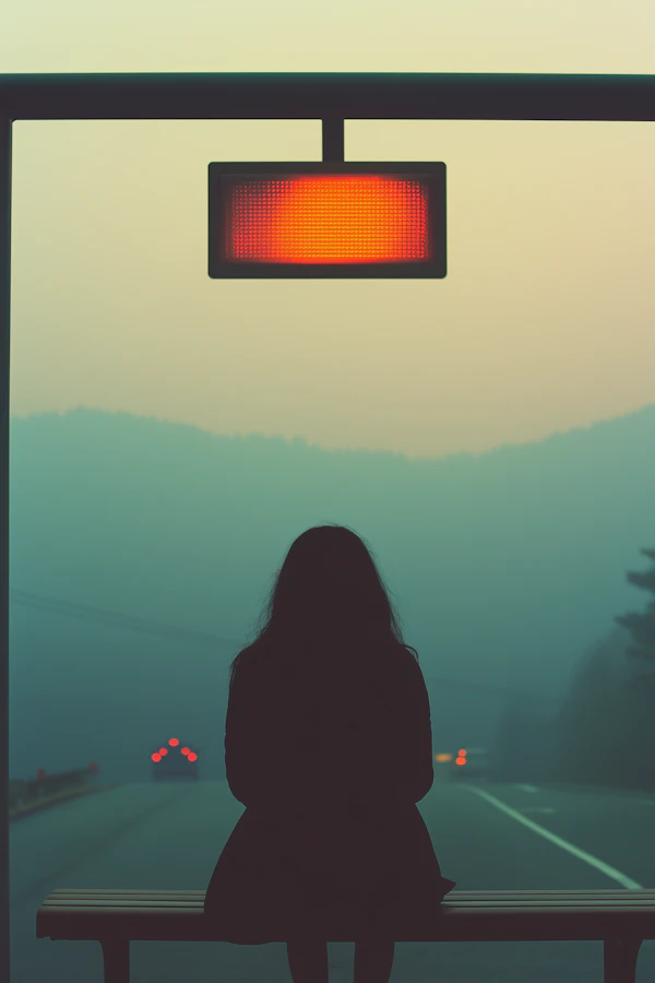 Silhouette on Bench Under Red Sign